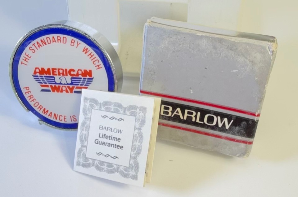 A New Old Stock vintage Barlow tape measure complete with original box insert — a tiny, perfectly preserved time capsule of mid-century American hardware charm.