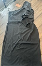 Baosuu Black One Shoulder Ruffle Cocktail Midi Bodycon Dress Women L NWT