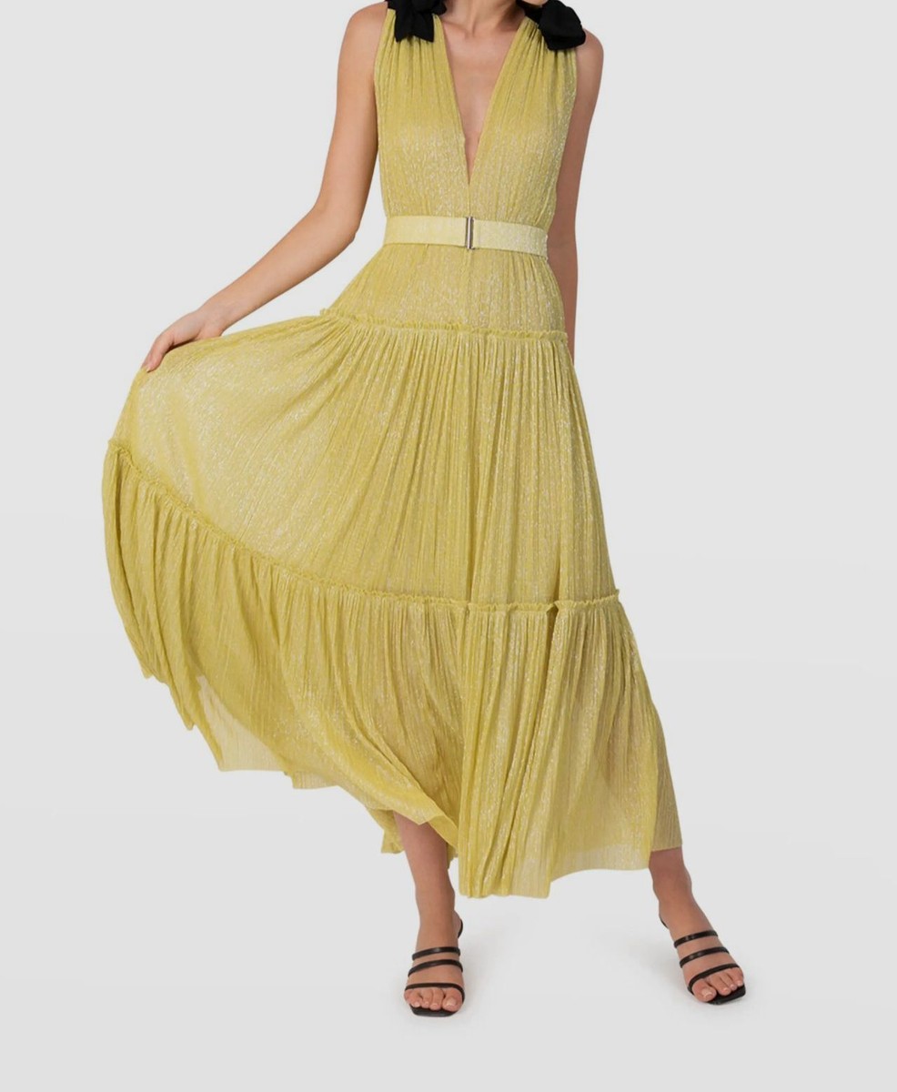 $412 Sabina Musayev Women's Yellow Ray Tiered Belted Bow Maxi Dress Size  Large | eBay