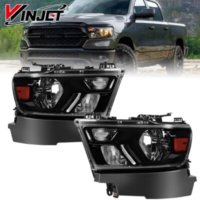 Black Headlights For 2019 2020 2021 2022 2023 2024 Dodge Ram 1500 Halogen Lamps