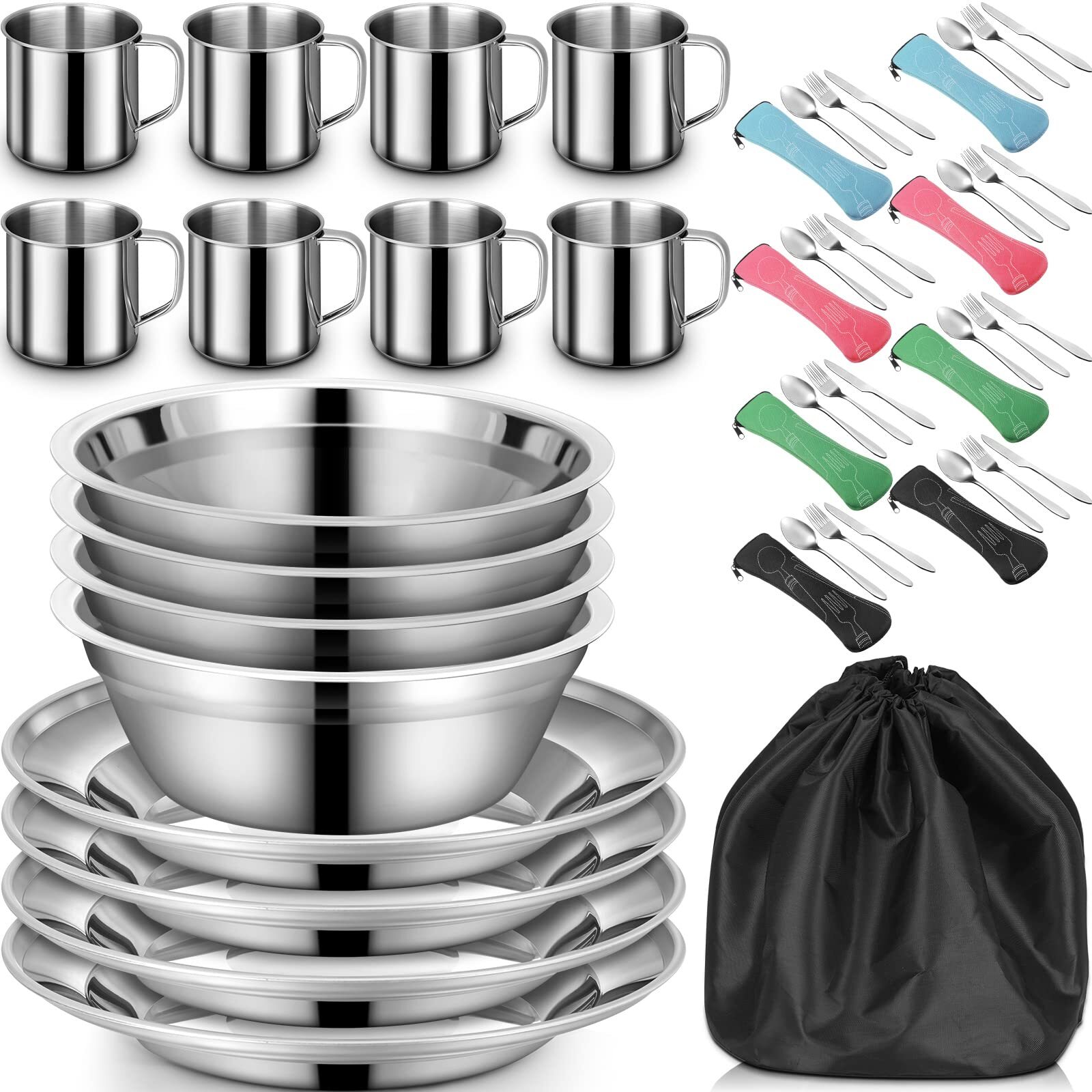 Juego de 58 tazas y cuencos platos de camping platos de acero inoxidable kit de desorden utensilios