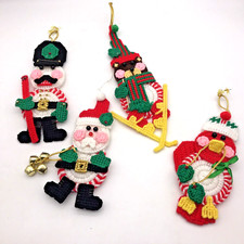 Handmade 4 Canvas Needlepoint Christmas Ornaments Santa, Penguin, Bear, Soldier