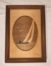 Hudson River Wood Inlay Art Sailboat Mahogany Framed 7x10 USA Signed Nelson