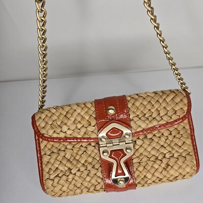 Michael Kors Woven Straw And Leather Chain Clutch Purse Walnut Orange