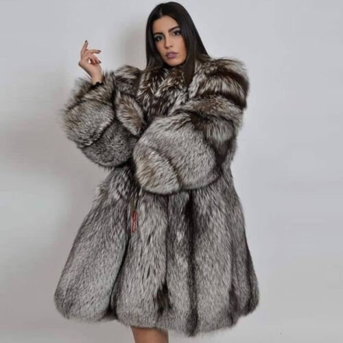 Frauen echte natürliche Silber Fuchs Pelz Mantel Jacke flauschigen Revers Mantel - Bild 1 von 4