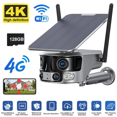 4G Solar Security Camera WiFi Outdoor Dual Lens 180° Panoramic Ultra Wide Angle
