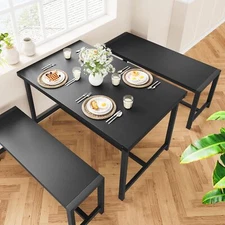 Dining Table Set for 4 ,Kitchen Table and 2 Benches w/ Metal Frame ,Space-Saving