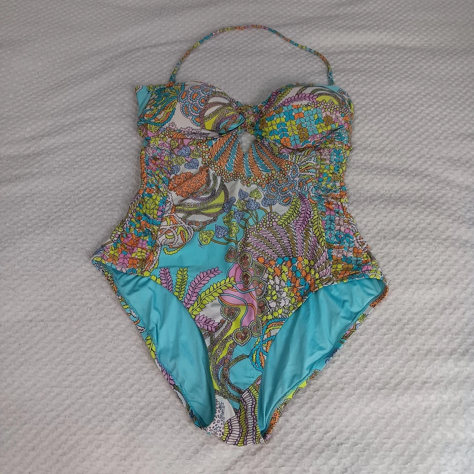 Trina Turk Coral Reef Bandeau One Piece Swimsuit Size 12 Colorful Ruched Halter - Image 2 of 4