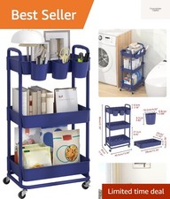 3-Tier Plastic Rolling Storage Cart Utility Cart with Extra Hanging Cups Hand...