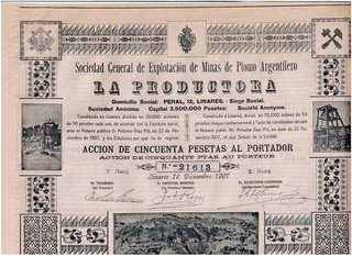 TAA #22...Minas de Plomb...La Productora Linares 1907 500 Pesetas Excellent Deco