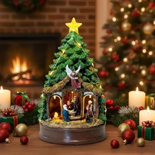 Musical Christmas Tree Rotating Nativity Scene w/Star LED Light Angel Figurines