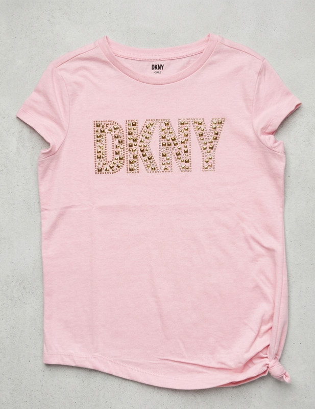 DKNY Girls T Shirt Short Sleeve Scoop Neck Pink Quartz Golden studs Size: 12 L