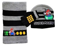 Beanie Cap - Nintendo Super Mario - Scarf Hat Mitten Glove Set 3 Kids Boys NEW