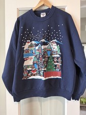 Vintage Crewneck Bear Village Scene Sweater Christmas Ugly, Size XL