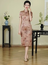 A56-1 Women  s Floral Cheongsam Dress Elegant Chinese Qipao Satin Midi Dress Slim