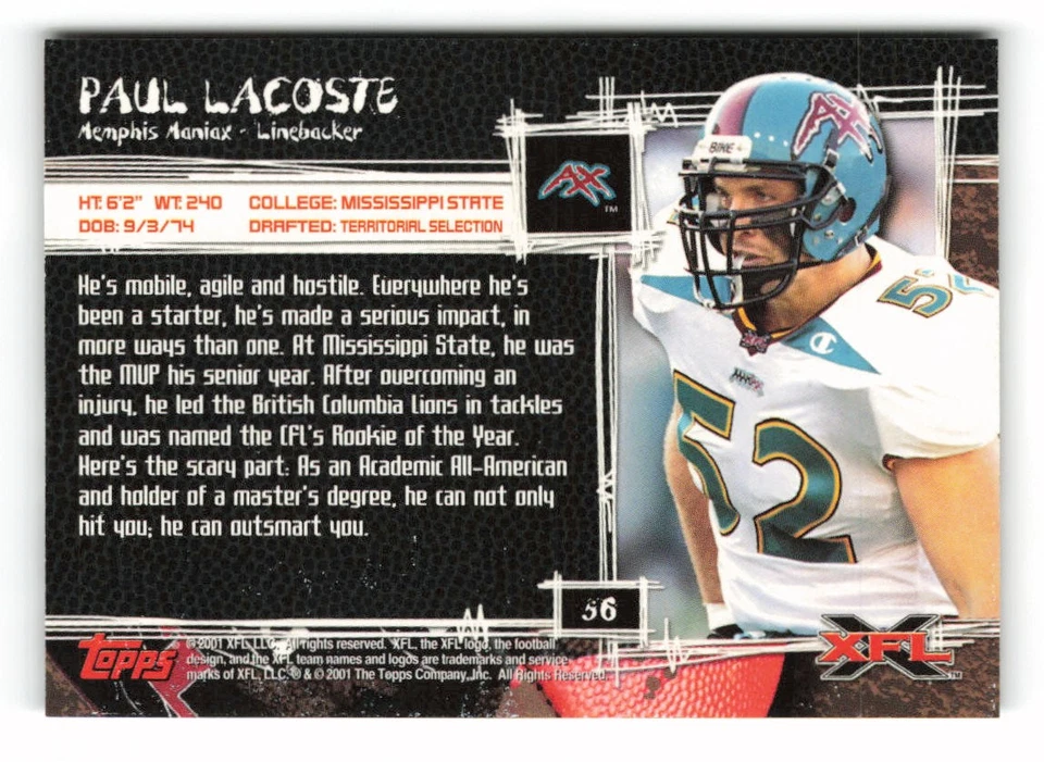 2001 Topps XFL #56 Paul Lacoste Memphis Maniax - Image 2 of 2