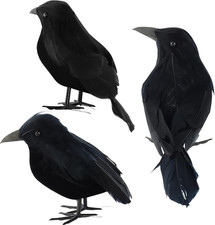 3 Pcs Black Feathered Crows Realistic Halloween Decorations Indoor Outdoor Rea