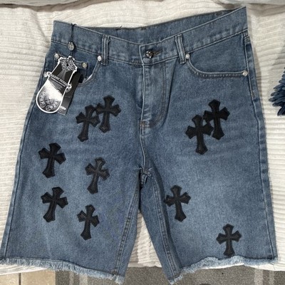 Chrome Hearts Men s Blue Denim Shorts Cross Embroidered Patches 5-Pocket 9919