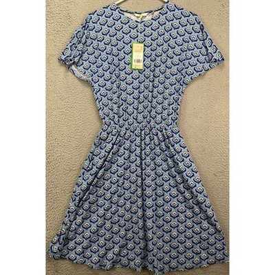 NEW Boden Dress Womens 6R Blue White Midi Jersey Floral Flutter Sleeve Casual