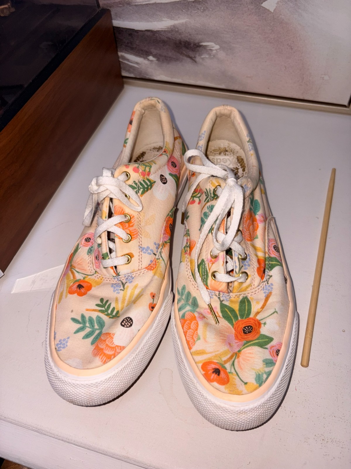 Keds X Rifle Paper Co Sneakers Womens SZ 8.5 Peach Floral Low Casual Canvas Shoe