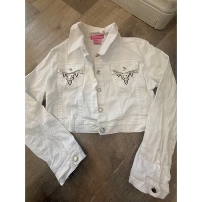 Luvn Luv White Cropped Denim Jacket with Rhinestone Western Detail - Size Large