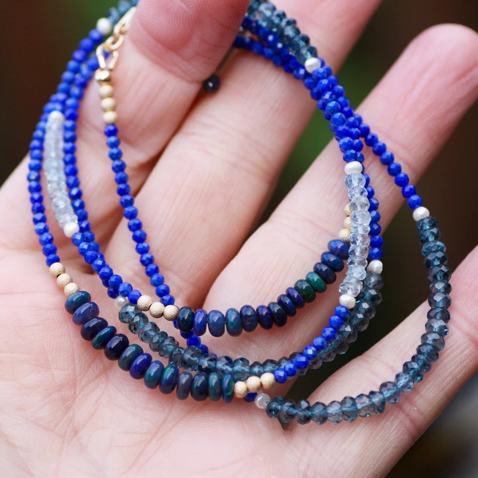 Brazalete envolvente collar de lapislázuli natural, topacio, ópalo negro relleno de oro de 14 k Foto 4 de 4