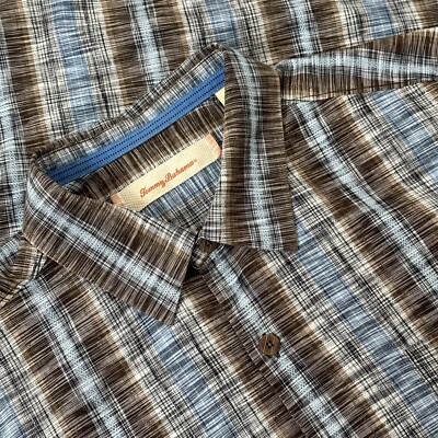 Tommy Bahama Silk Cotton Tencell Shirt SS Button Up Vertical Striped Men Sz L