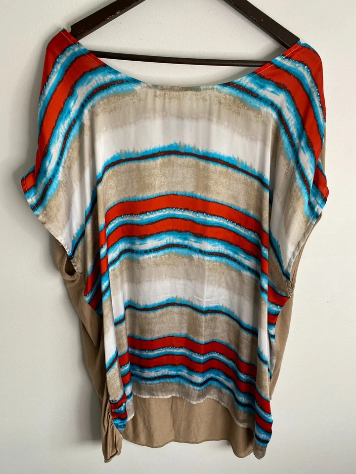 Sara Blouse Womens 3XL Brown Blue Striped Dolman Sleeve Round Neck Stretch Flowy