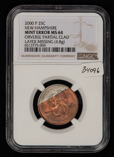 2000-P 25c New Hampshire Quarter - Mint Error Missing Layer - NGC MS 64 - B4096