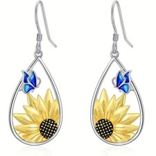 Fashion Earrings Women Hollow Teardrop Sunflower Blue Butterfly Hook Boho Party