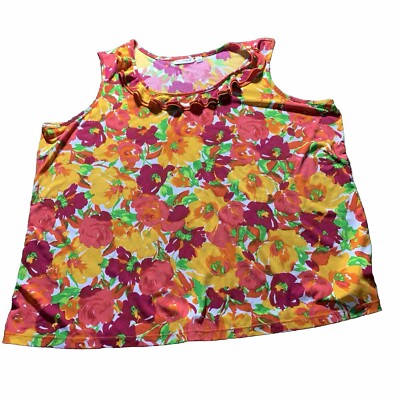 SUSAN GRAVER Tank Top Blouse Womens 3X Plus Orange Red Floral Ruffle Neck Shirt