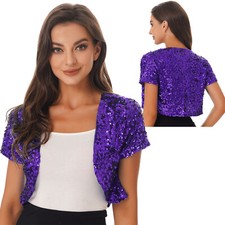 Damen Jacke Pailletten Bolero Blazer Kurzarm Cardigan Shrug Tanz Party Kostüm