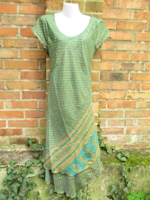 Kleid Seide Seidenkleid Sommerkleid Überwurf ethno Nepal Sari lang Maxi grün 