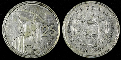 GUATEMALA Silber 1954 25 Centavos Auflage - 246.286 HOCHWERTIG KM#258 (26 977)