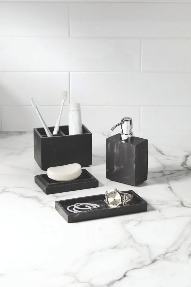 Black Faux Marble Finish 4 Piece Vanity Organizer Set, Resin