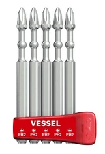 Vessel JIS Impact Bit Set 3-1/2" 5pc Like Phillips PH2 w Magnetizer Holder HRC62