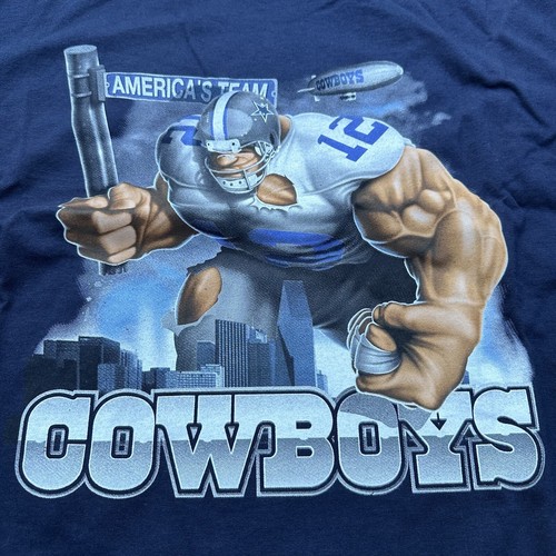 Deadstock Y2K Dallas Cowboys Graphic T Shirt VTG Blue Navy Football Player L NOS - Picture 2 of 6