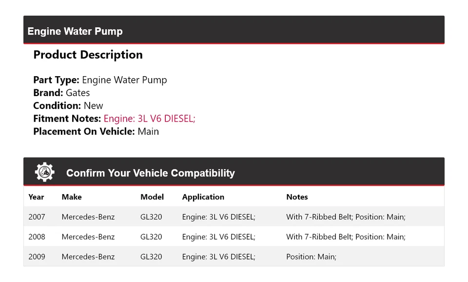 Para Mercedes-Benz GL320 2007-2009 3L V6 motor diésel bomba de agua puertas principales 2008 Foto 2 de 4