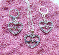 925 Silber Schmuck Set Herz Schlag Rhythmus Zirkon Kette AnhäNger Creolen Neu