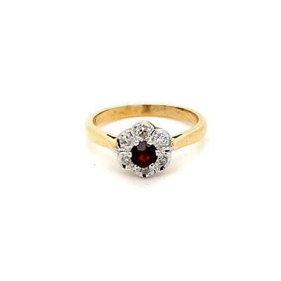 Süßer runder Granat-Ring Blumenmuster 14 Karat Gelbgold und Diamant Vintage Heiligenschein