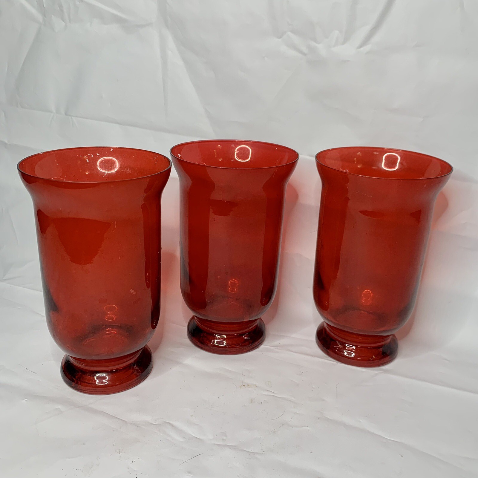 Lot Of 3 Red Hurricane Glass Candle Holders /vases 6”H Christmas