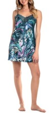 Linea Donatella Women's Printed Satin Lace-Trim Chemise - Turquoise Size M