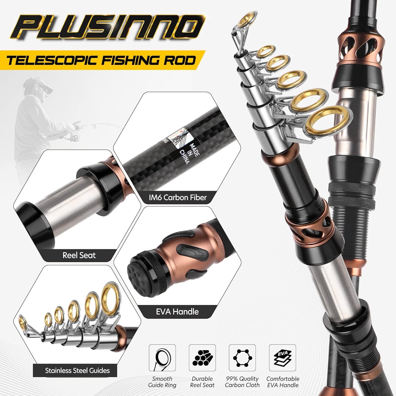 PLUSINNO Fishing Rod and Reel Combos Carbon Fiber Telescopic Fishing
