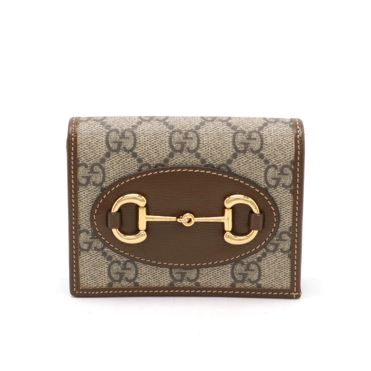 Gucci Horsebit 1955 Gg Supreme porte cartes portefeuille double pli beige marron or quincaillerie