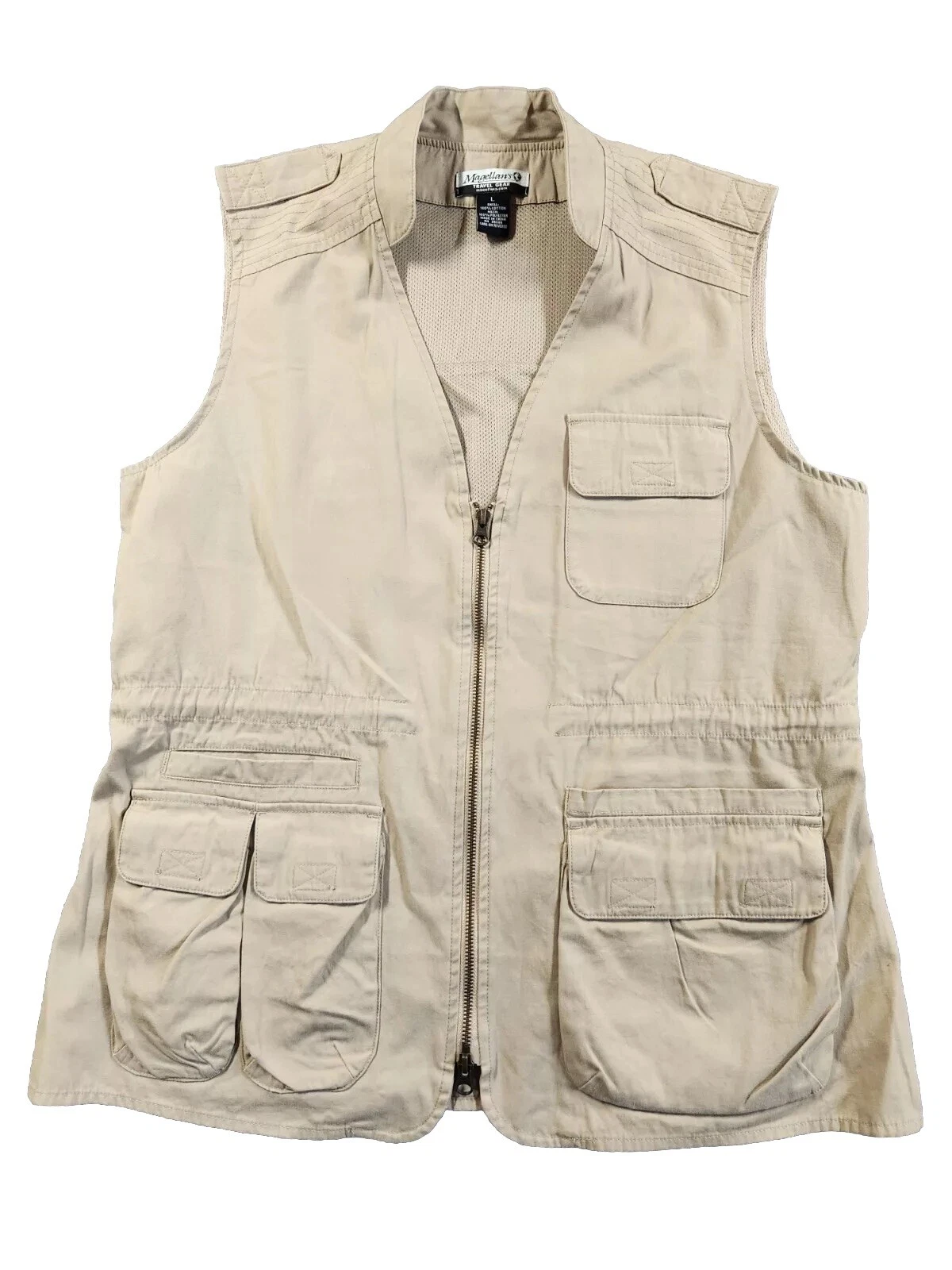 Magellan Fishing Vest Men's Large Beige Mesh Lined Full Zip Travel Gear
