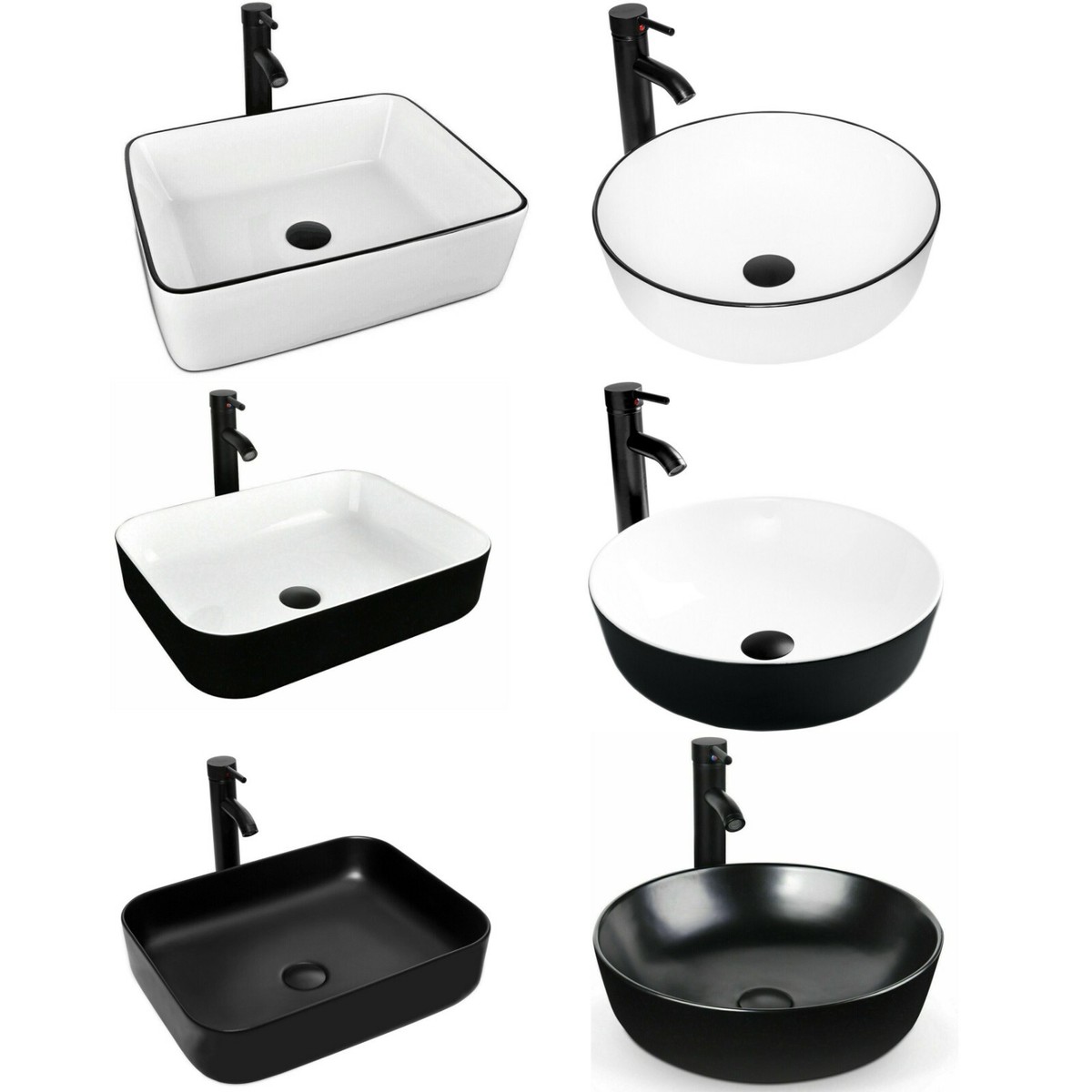 Ceramic Vessel Sink Combo – 19 X 15 Inch Rectangle Above-Counter Sink With Black Faucet & Pop-Up Drain (White)