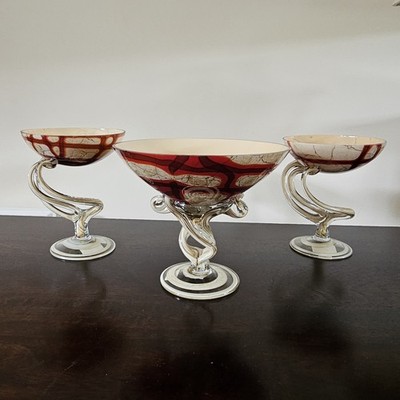 RETRO MURANO STIL HANDGEFERTIGTE GLAS SOCKELSCHALE x 3 Stück 