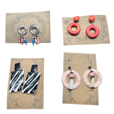 Lot of 4 Pairs Vintage Style Statement Earrings Wood Resin Geometric Boho Retro