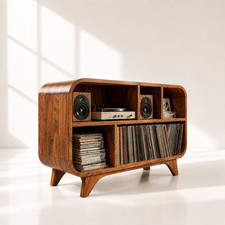 Rounded Capsule Record Player Stand Modern Vinyl Storage Cabinet Genuine Wood