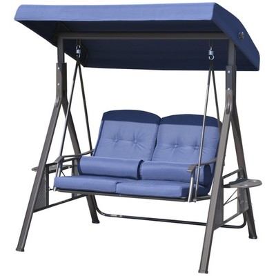 Blue Porch Swing Bench, 2 Seat Loveseat, with Cushions, Pillows, and Adjustable